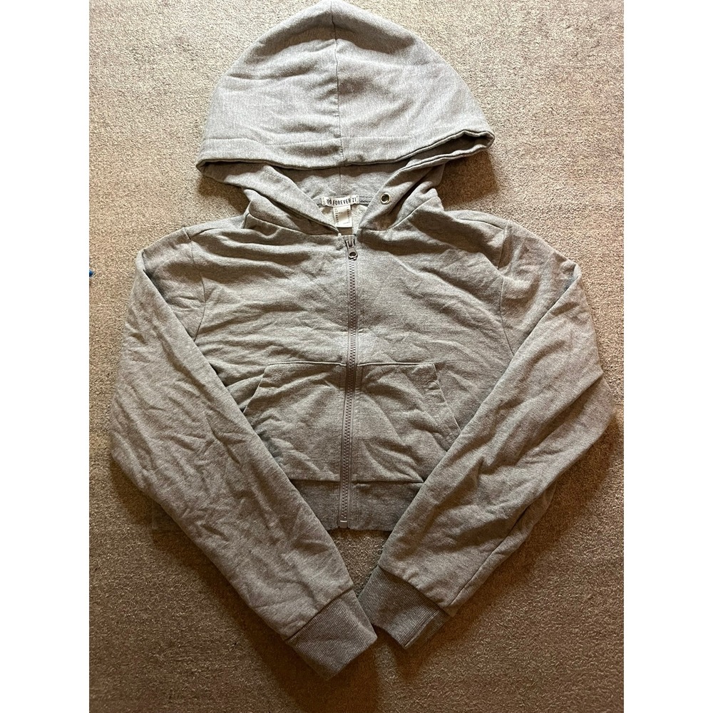 Forever 21 Active Heather Gray Cropped Zip Up Hoodie Sweatshirt Medium
